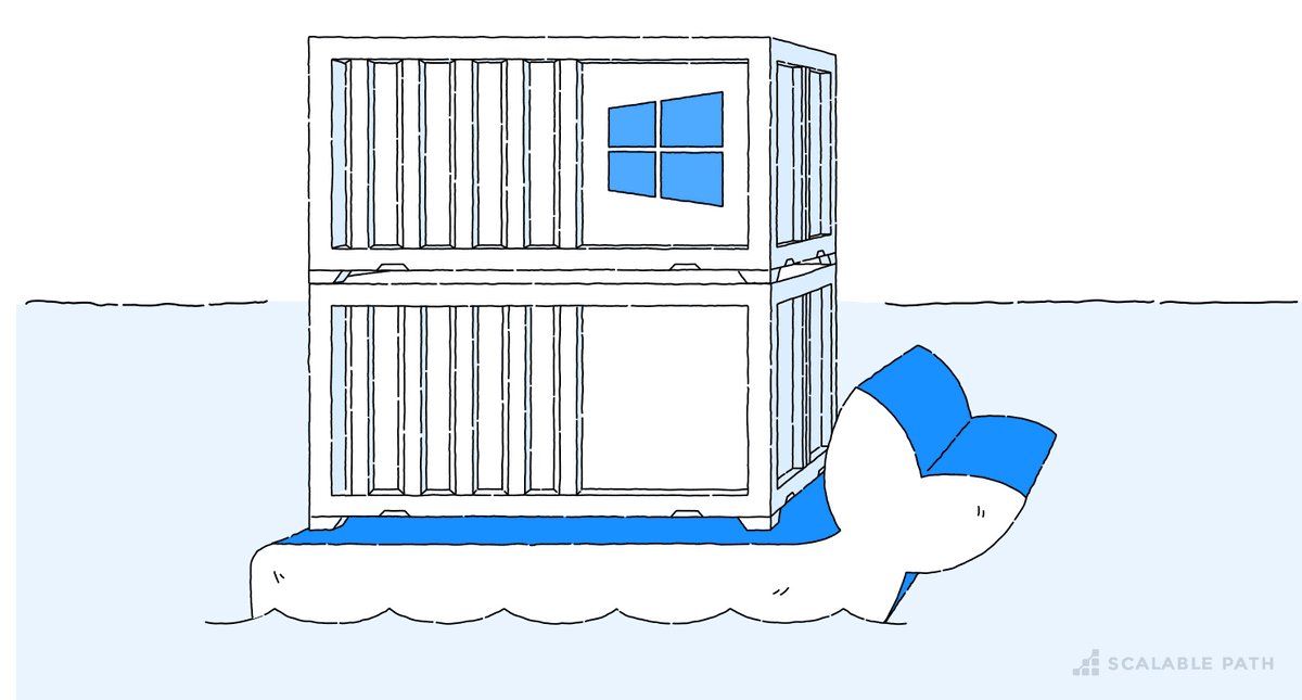 Docker logo illustration with Windows logo in one of the containers