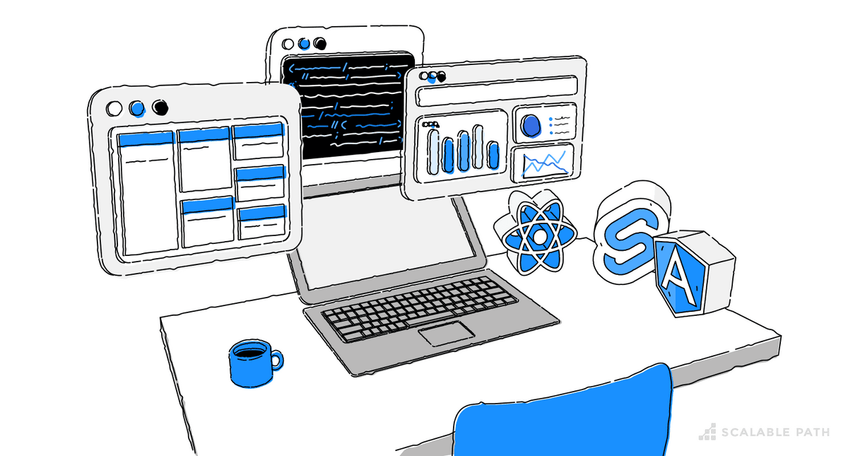 A desk with a laptop computer and frontend technologies logos