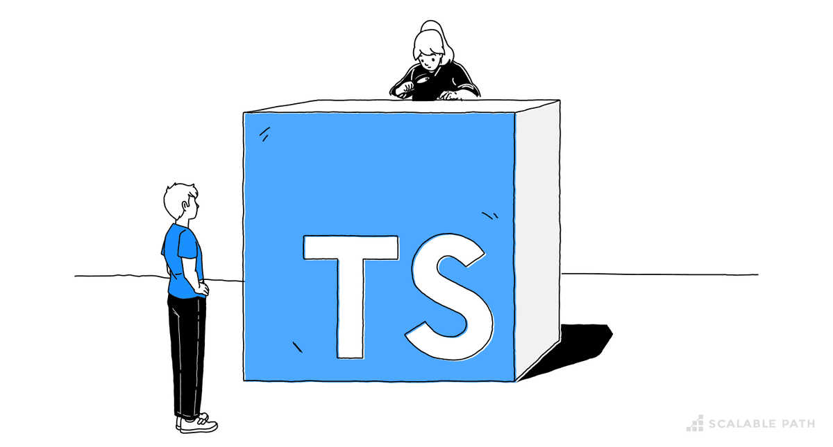 Two people looking at a giant TypeScript logo