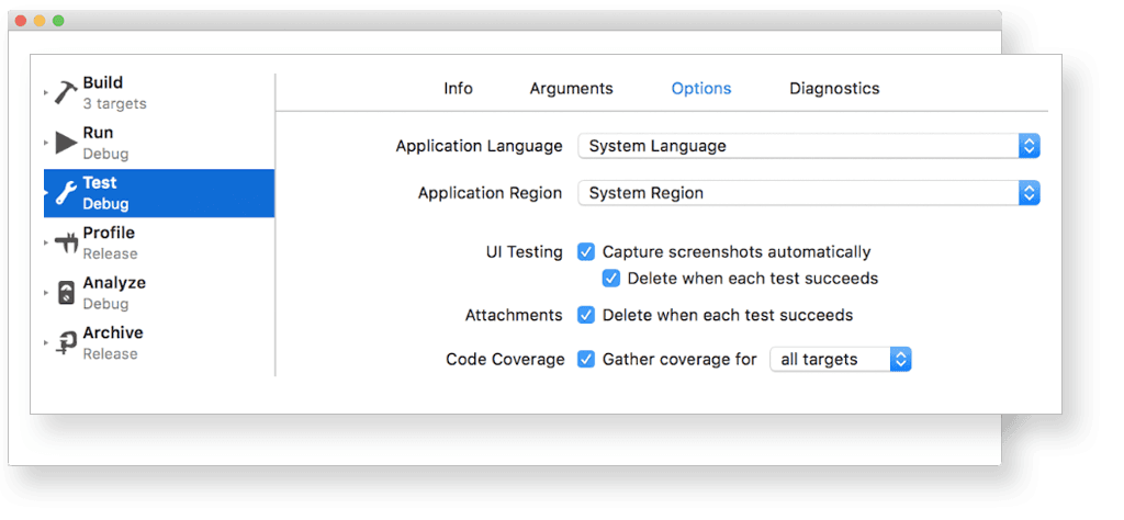 Screenshot of Xcode testing settings