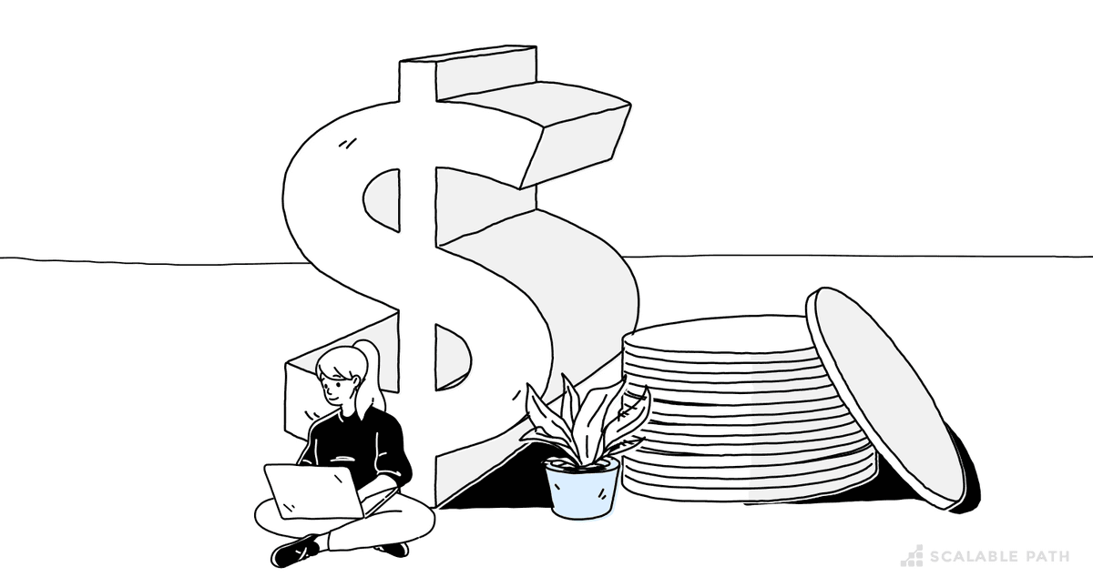 A woman sitting on the floor with a computer next to a giant dollar sign and coins
