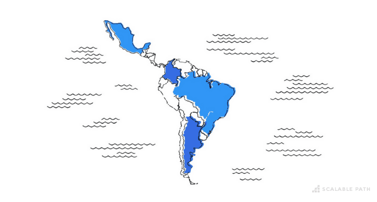 A Latin America illustration with Argentina, Brazil, Colombia and Mexico highlighted