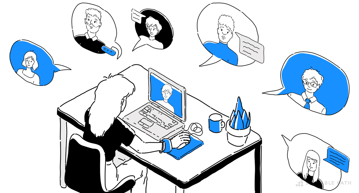 Woman sitting at a desk interviewing a remote developer with other profiles floating around
