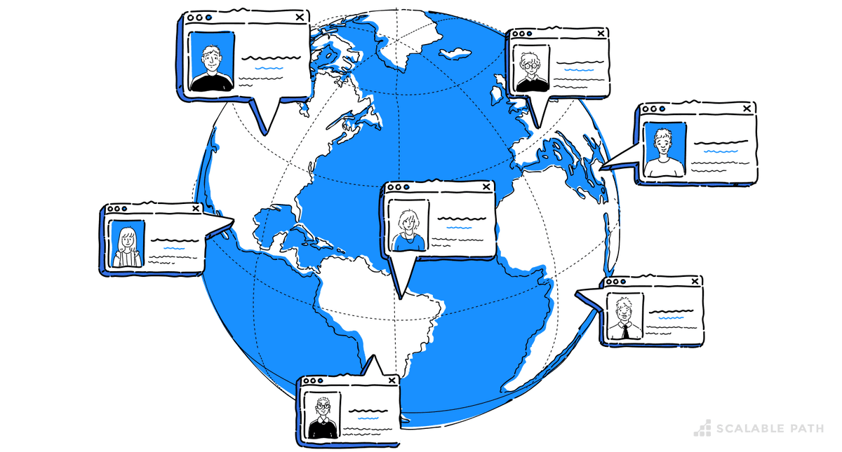 An illustration of the world with developers profiles in different countries