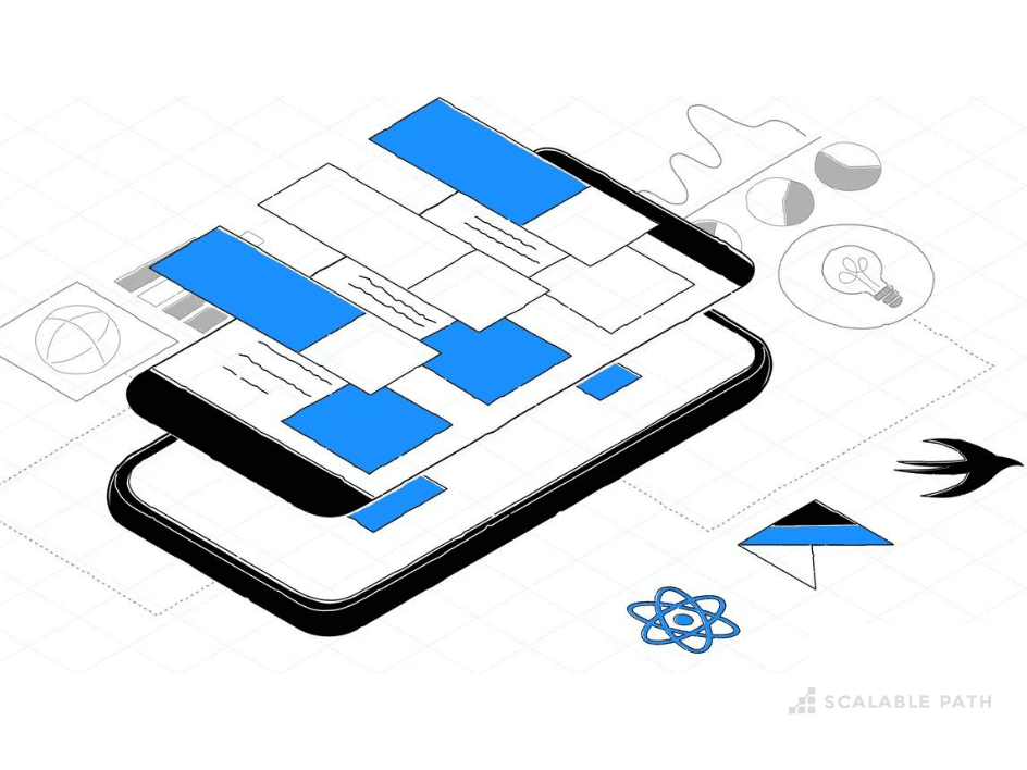 A 3D mobile phone with an application, and the logos of React, Kotlin and Swift next to it