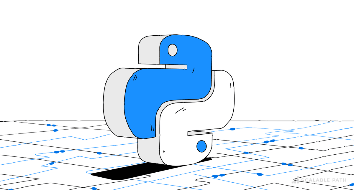 A 3D Python logo on a floor of circuits