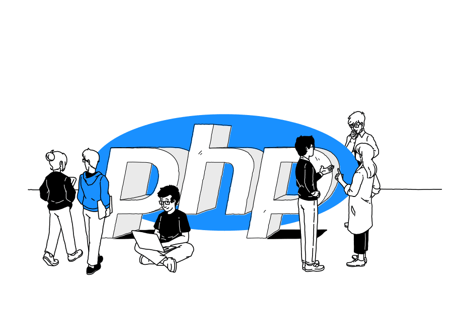 People next to PHP logo