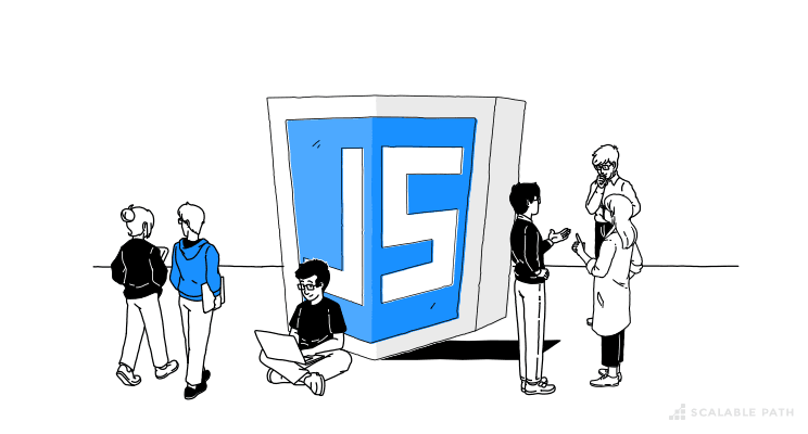 People next to JavaScript logo