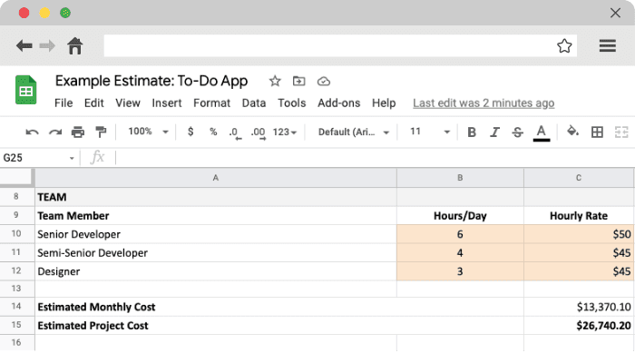 Screenshot of Estimator Template: the cost of team members based on working hours and hourly rate example 