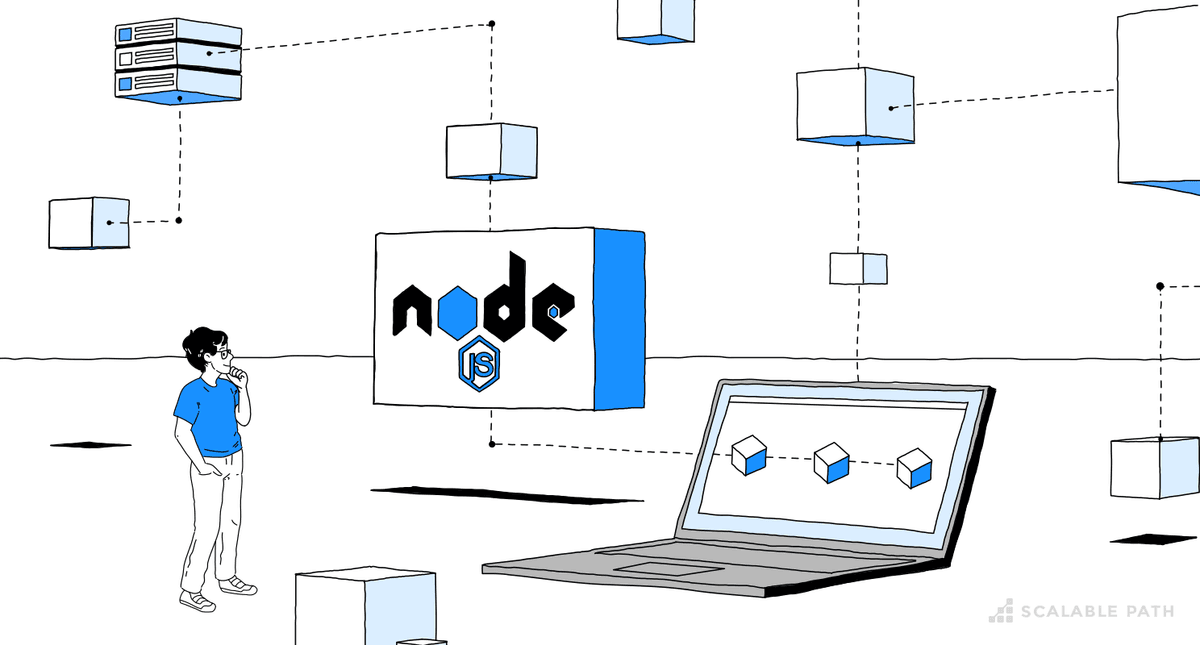 Person next to a laptop, databases and Node.js logo