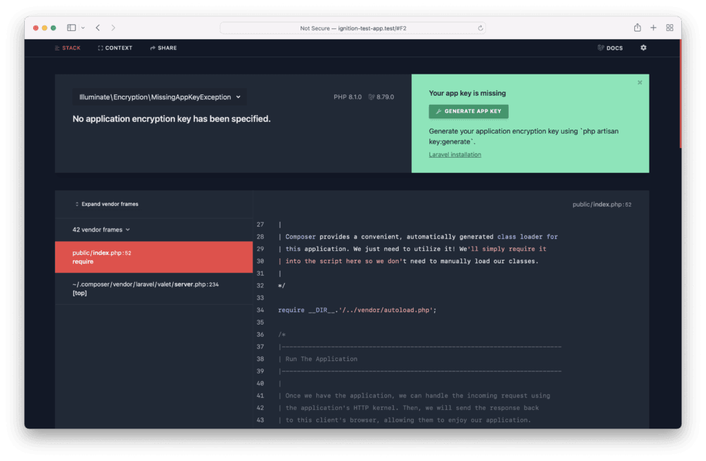 Screenshot of Ignition package with light and dark customizable "open in editor" functionality for Laravel 9.