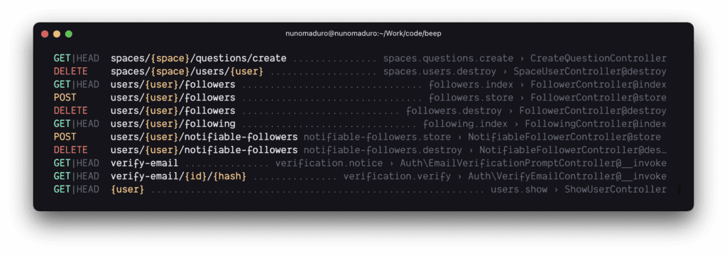 Screenshot of the new route:list CLI output improved for Laravel 9 release.